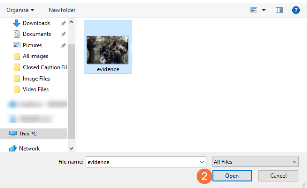 File browser dialog with evidence file selected
